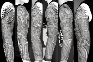 Aztec, tribal, Quetzalcoatl, stone like, high definition, feathers, arm sleeve tattoo idea