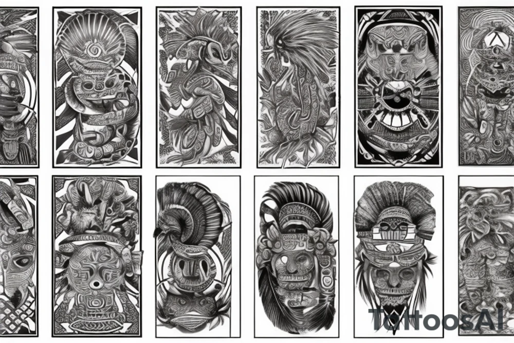 Wrap around, Aztec, tribal, Quetzalcoatl, stone like, high definition, feathers, arm sleeve tattoo idea