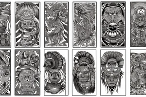 Wrap around, Aztec, tribal, Quetzalcoatl, stone like, high definition, feathers, arm sleeve tattoo idea