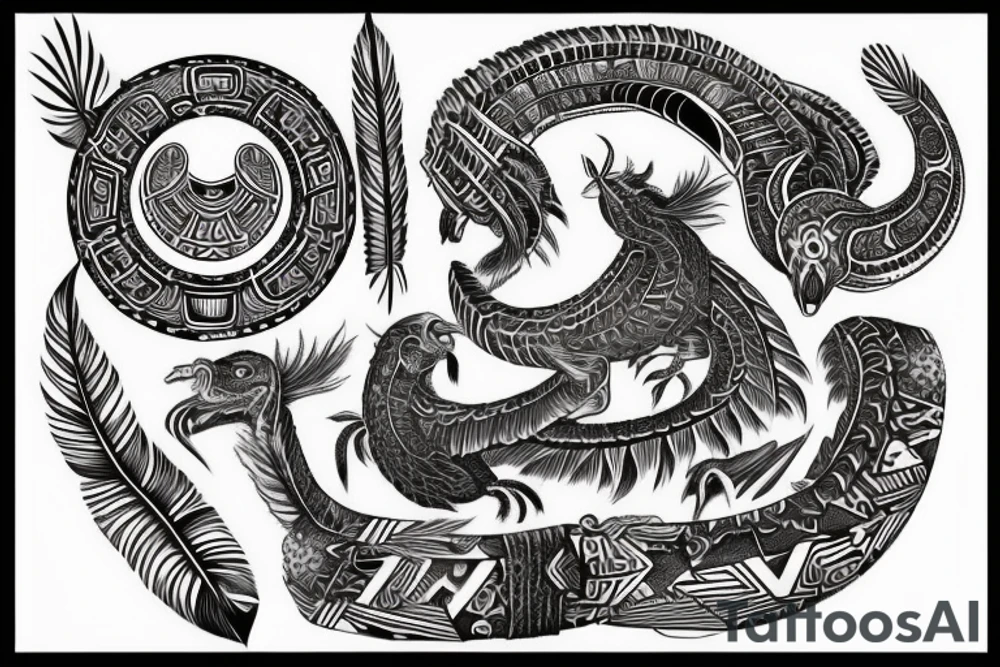 Wrap around, Aztec, tribal, Quetzalcoatl, stone like, high definition, feathers, arm sleeve tattoo idea