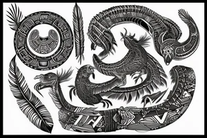 Wrap around, Aztec, tribal, Quetzalcoatl, stone like, high definition, feathers, arm sleeve tattoo idea
