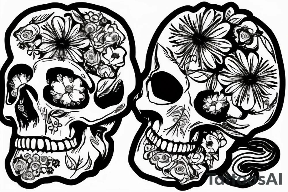 knife going down the middle of a skull with flowers surrounding it tattoo idea