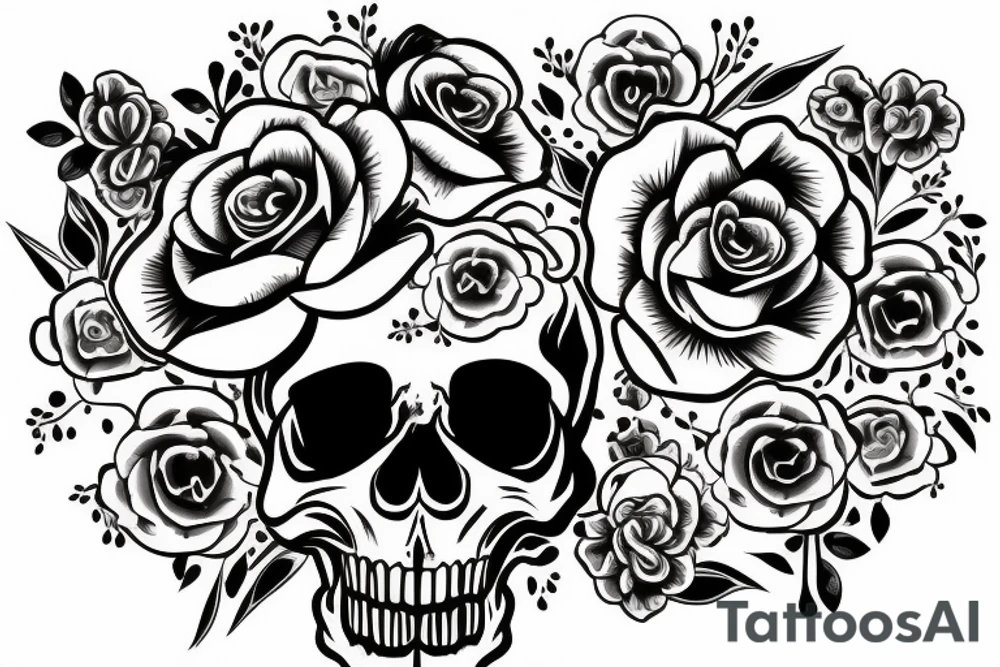 knife going down the middle of a skull with flowers surrounding it tattoo idea
