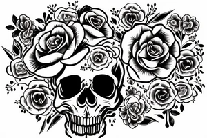 knife going down the middle of a skull with flowers surrounding it tattoo idea