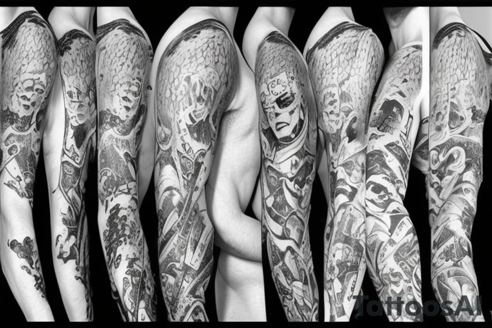 Sleeve tattoo including rocky horror picture show style tattoo idea