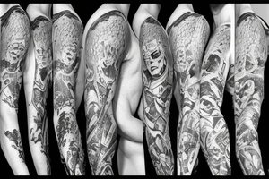 Sleeve tattoo including rocky horror picture show style tattoo idea