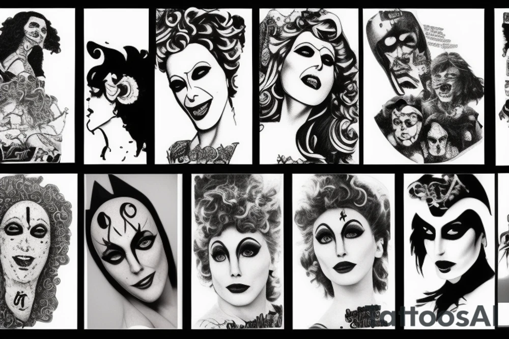 Sleeve tattoo including rocky horror picture show style tattoo idea