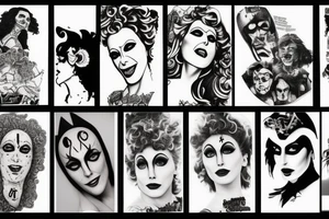 Sleeve tattoo including rocky horror picture show style tattoo idea