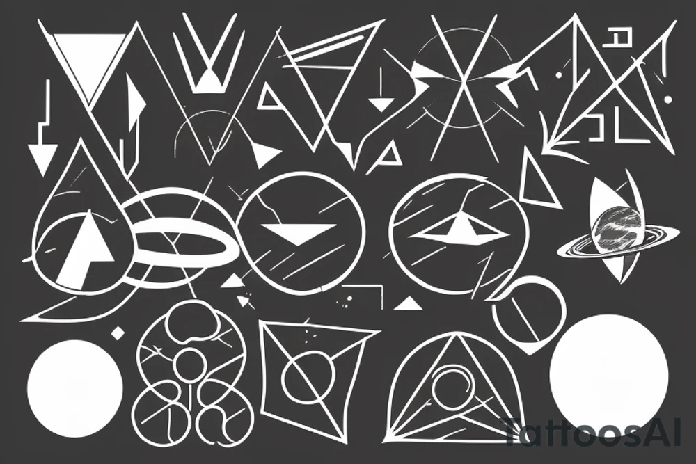 protruded arrow, with triangles, circles planets tattoo idea