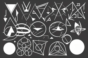 protruded arrow, with triangles, circles planets tattoo idea