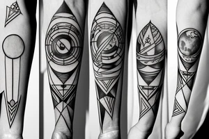 protruded arrow, with triangles, circles planets tattoo idea