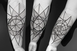 long geometric arrow and bow with geometric figures and planets tattoo idea