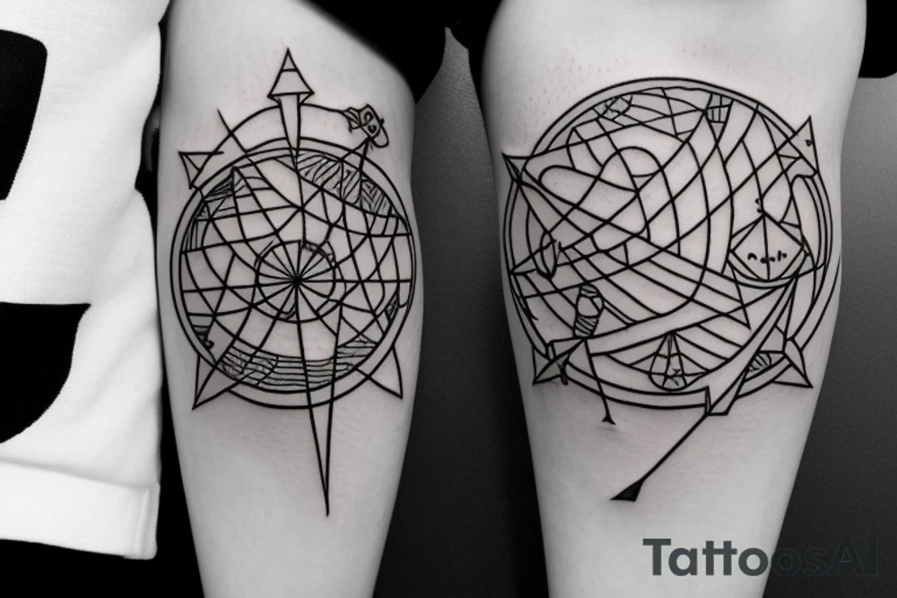 long geometric arrow and bow with geometric figures and planets tattoo idea