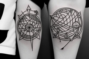 long geometric arrow and bow with geometric figures and planets tattoo idea