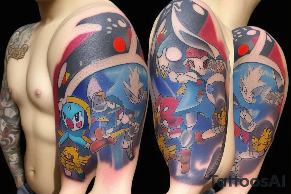 Cross between pop culture Nintendo PlayStation games. Include Pokémon, Zelda and God Of war tattoo idea