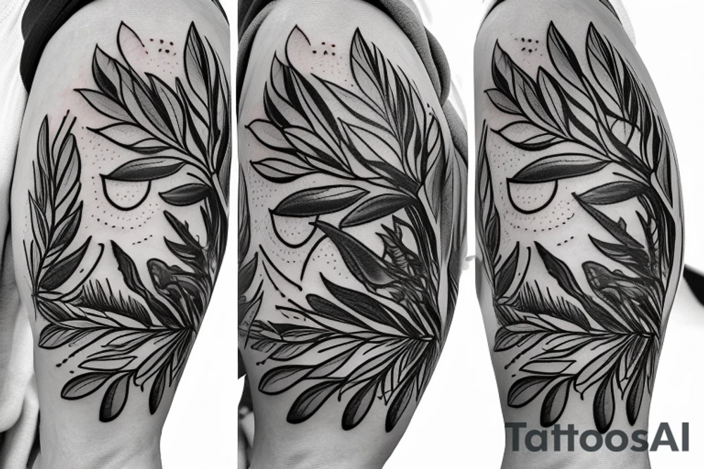 Circle around the upper arm made of Olive branch and ear of corn tattoo idea