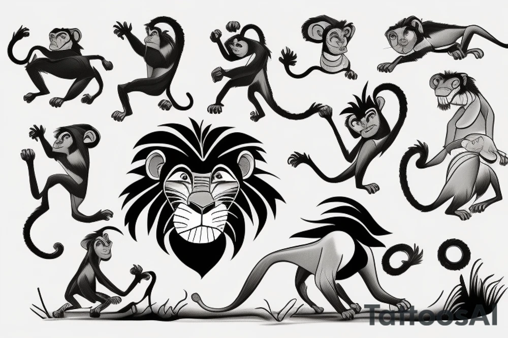 the lion king, Rafa monkey , sand time, music, beach,travel tattoo idea