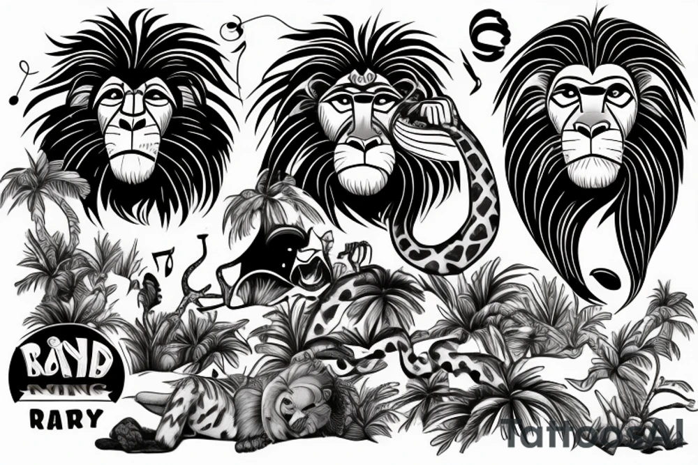 the lion king, Rafa monkey , sand time, music, beach,travel tattoo idea