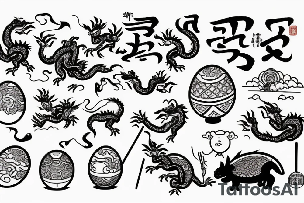 egg fried rice, chopsticks, pig, dragon holding an egg, restaurant which egg fried rice in chinese tattoo idea
