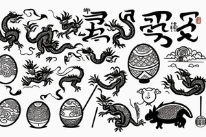 egg fried rice, chopsticks, pig, dragon holding an egg, restaurant which egg fried rice in chinese tattoo idea