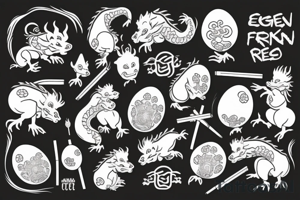 egg fried rice, chopsticks, pig, dragon holding an egg, restaurant which egg fried rice in chinese tattoo idea