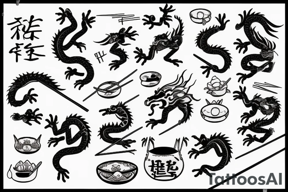 蛋炒饭, dragon or pig eating egg fried rice with chopsticks tattoo idea