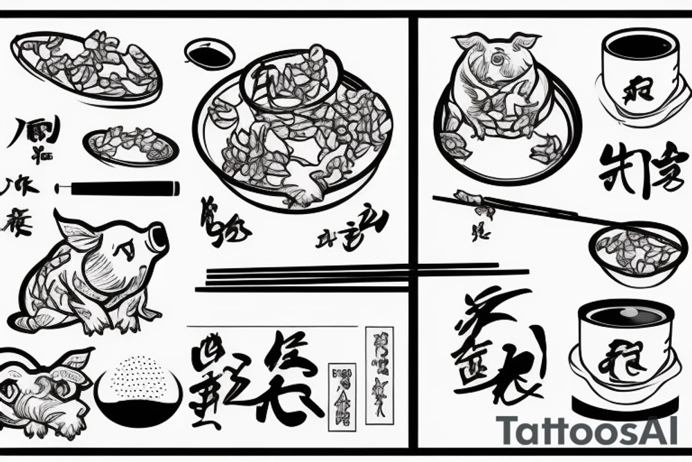 蛋炒饭, pig eating egg fried rice with chopsticks tattoo idea