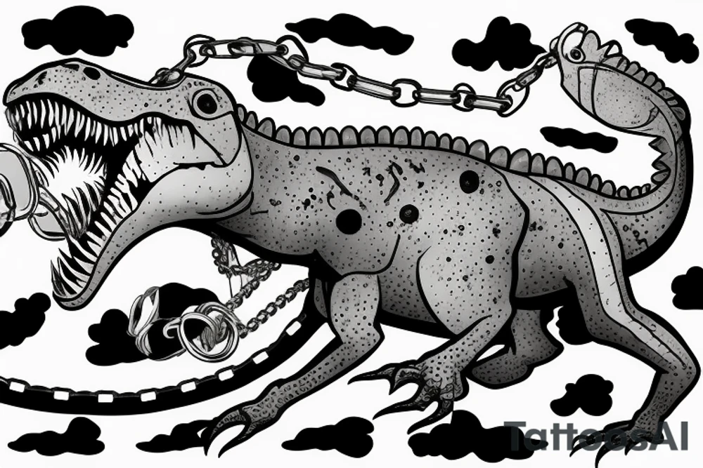 rex dinosaur with a chain around his neck that rips off his skin tattoo idea