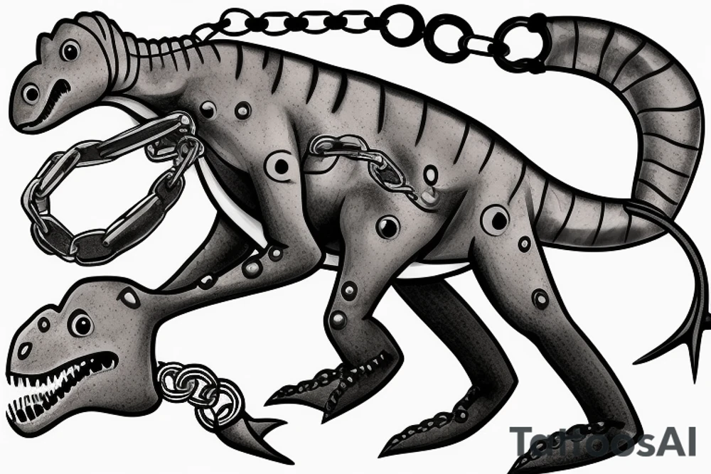 rex dinosaur with a chain around his neck that rips off his skin tattoo idea
