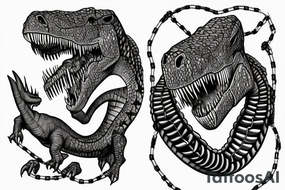 rex dinosaur with a chain around his neck that rips off his skin tattoo idea