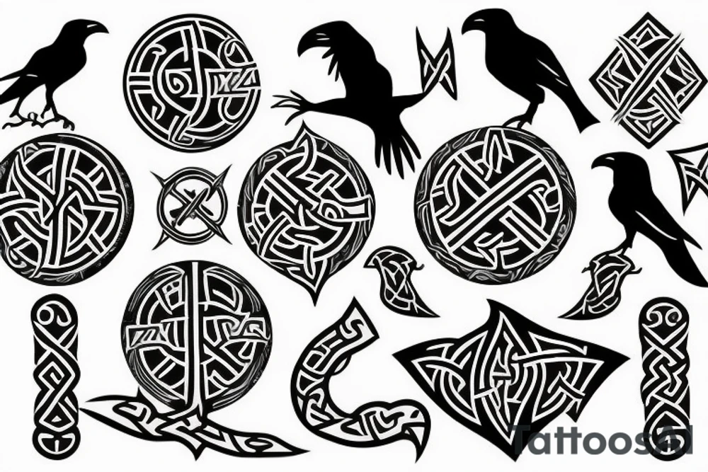 Viking rune tattoo with ravens and Vegvisir tattoo idea