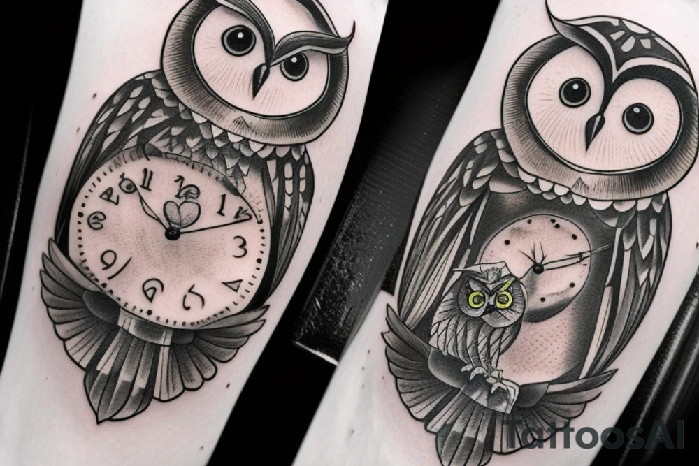 An image of an owl holding an hourglass in its talons, with a clock face on the back of the hourglass. tattoo idea