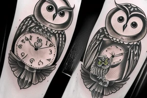 An image of an owl holding an hourglass in its talons, with a clock face on the back of the hourglass. tattoo idea