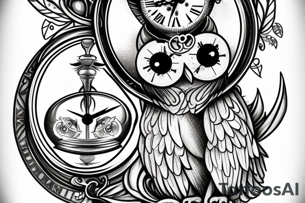 An image of an owl holding an hourglass in its talons, with a clock face on the back of the hourglass. tattoo idea