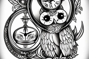 An image of an owl holding an hourglass in its talons, with a clock face on the back of the hourglass. tattoo idea