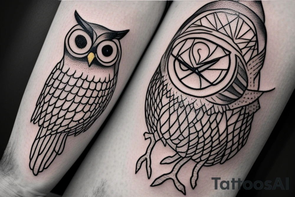 An image of an owl perched on a branch, with an hourglass in the background. This could symbolize the wisdom and foresight of the owl tattoo idea