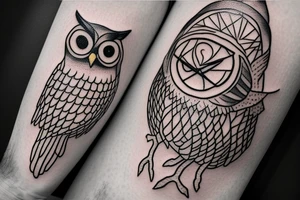 An image of an owl perched on a branch, with an hourglass in the background. This could symbolize the wisdom and foresight of the owl tattoo idea
