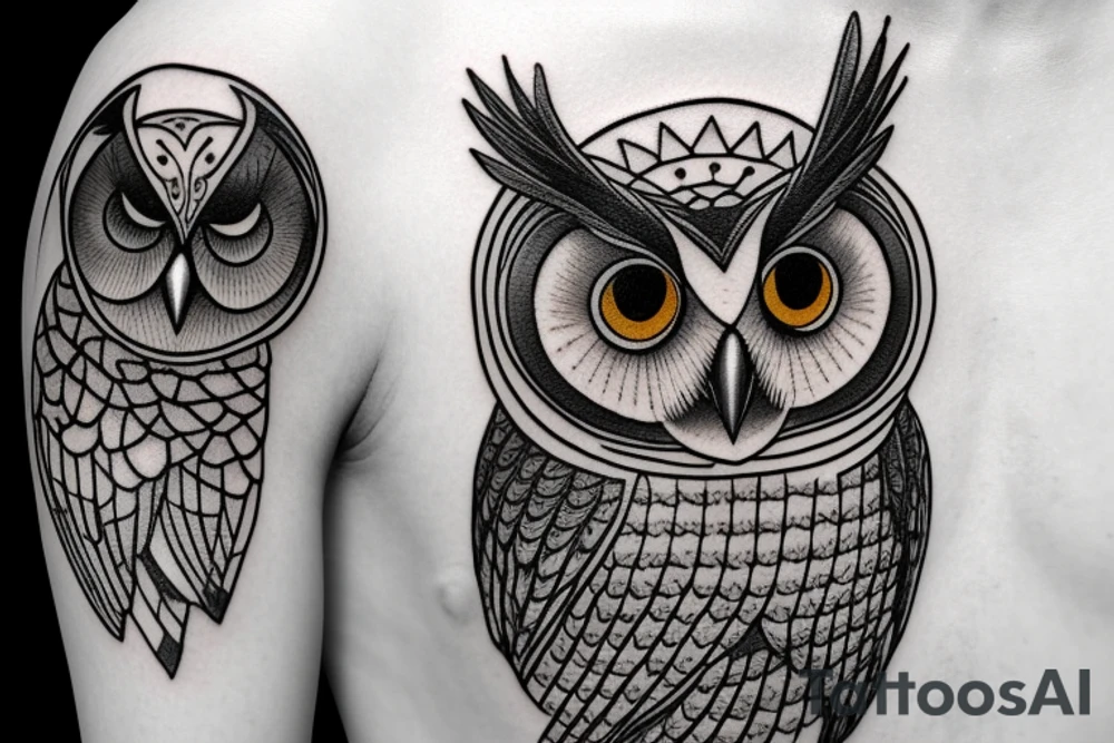 An image of an owl perched on a branch, with an hourglass in the background tattoo idea
