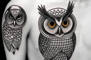 An image of an owl perched on a branch, with an hourglass in the background tattoo idea
