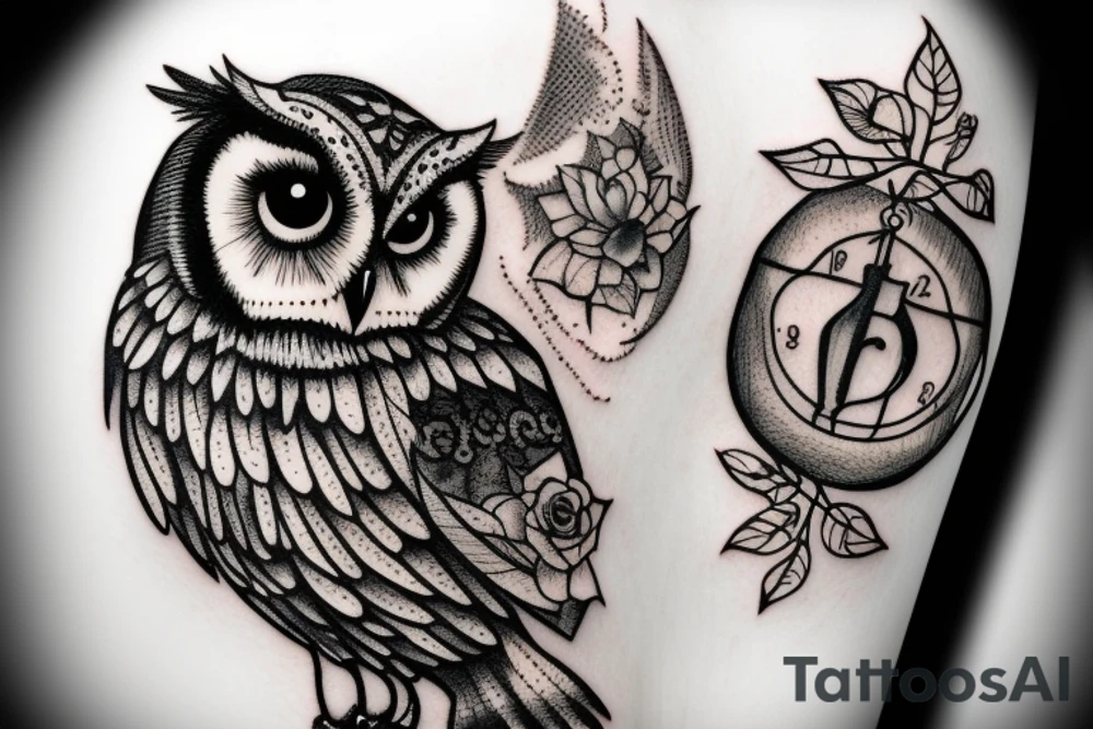 An image of an owl perched on a branch, with an hourglass in the background tattoo idea