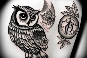 An image of an owl perched on a branch, with an hourglass in the background tattoo idea