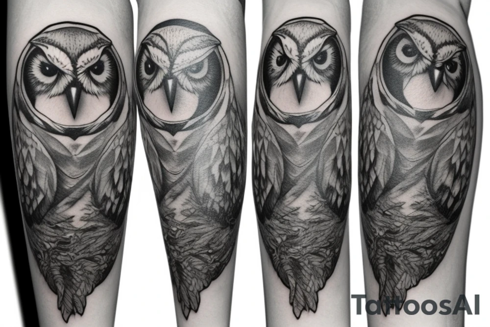an owl perched on a branch, with an hourglass in the background tattoo idea