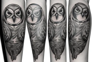 an owl perched on a branch, with an hourglass in the background tattoo idea