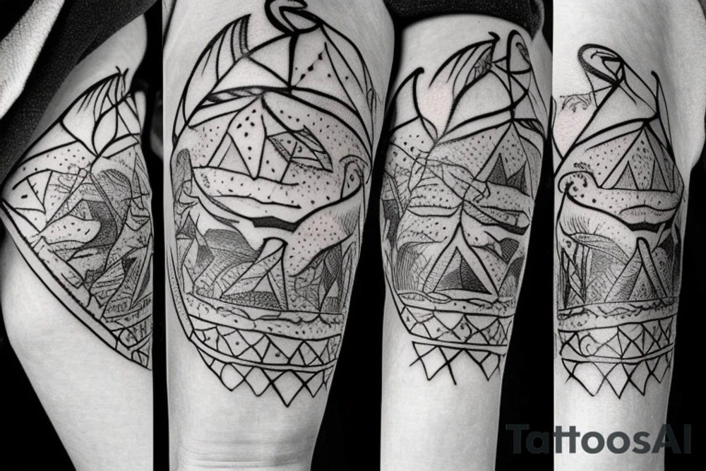 A Tipi with two horns from a moose growing on Top of it. One horn is broken by half.
On the bottom side there are growing big, strong roots underneath it.
The Entrance of the Tipi is slightly opened, inside it looks like the universe. tattoo idea