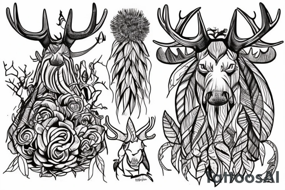A Tipi with two horns from a moose growing on Top of it. One horn is broken by half.
On the bottom side there are growing big, strong roots underneath it.
The Entrance of the Tipi is slightly opened, inside it looks like the universe. tattoo idea
