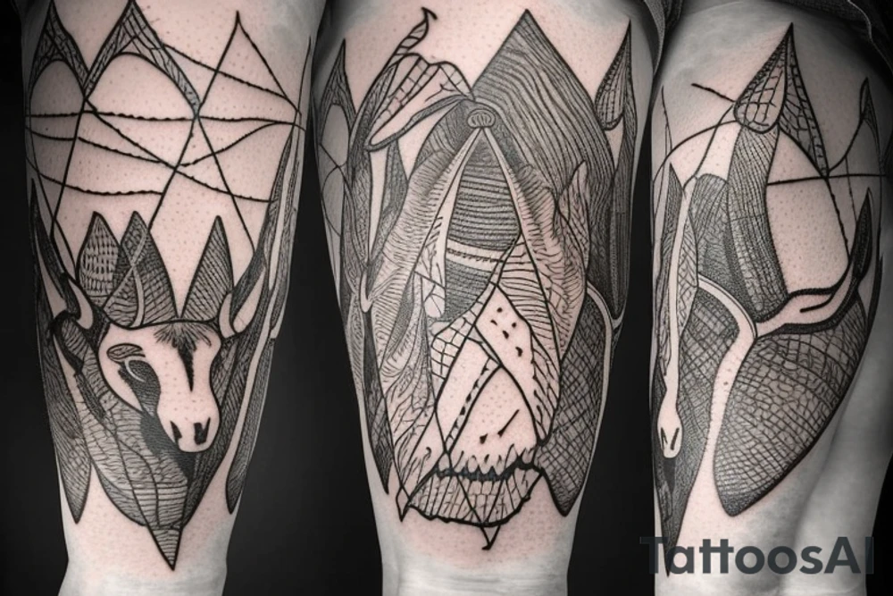 A Tipi with two horns from a moose growing on Top of it. One horn is broken by half.
On the bottom side there are growing big, strong roots underneath it.
The Entrance of the Tipi is slightly opened, inside it looks like the universe. tattoo idea