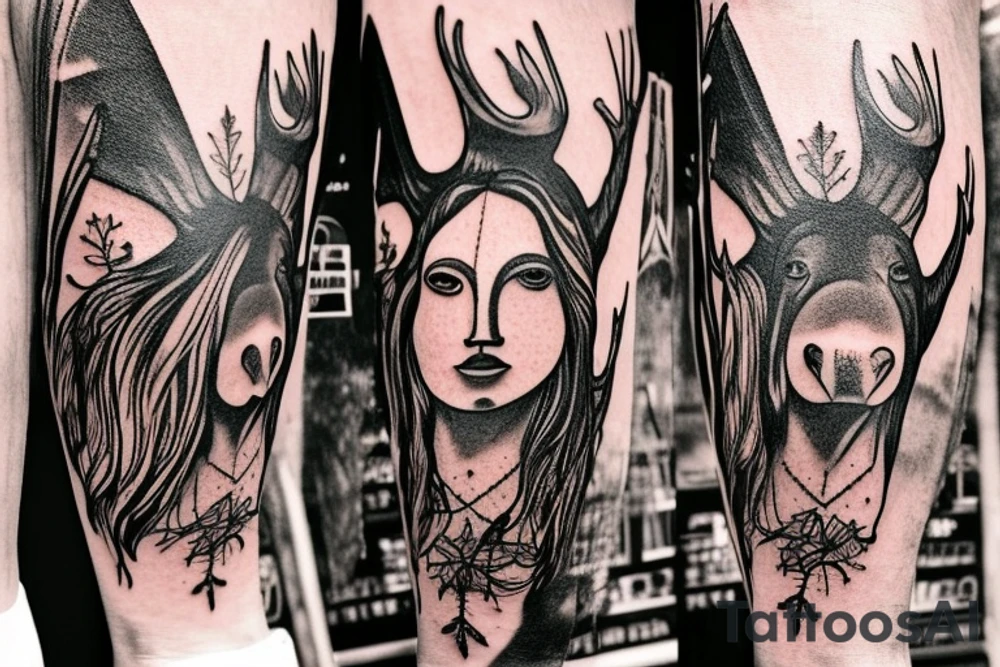 A Tipi with two horns from a moose growing on Top of it. One horn is broken by half.
On the bottom side there are growing big, strong roots underneath it.
The Entrance of the Tipi is slightly opened, inside it looks like the universe. tattoo idea