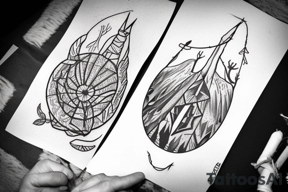 A Tipi as main part. With two horns from a moose growing on Top of it. One horn is broken by half.
On the bottom side there are growing big, strong roots underneath it.
The Entrance of the Tipi is slightly opened, inside it looks like the universe. tattoo idea