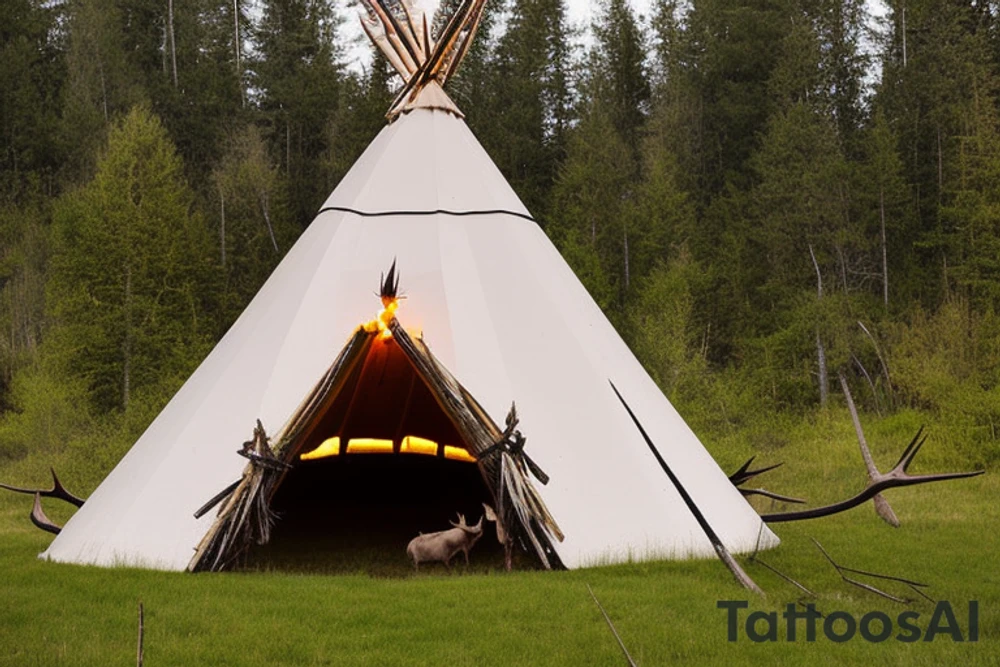 A Tipi as main part. With two horns from a moose growing on Top of it. One horn is broken by half.
On the bottom side there are growing big, strong roots underneath it.
The Entrance of the Tipi is slightly opened, inside it looks like the universe. tattoo idea