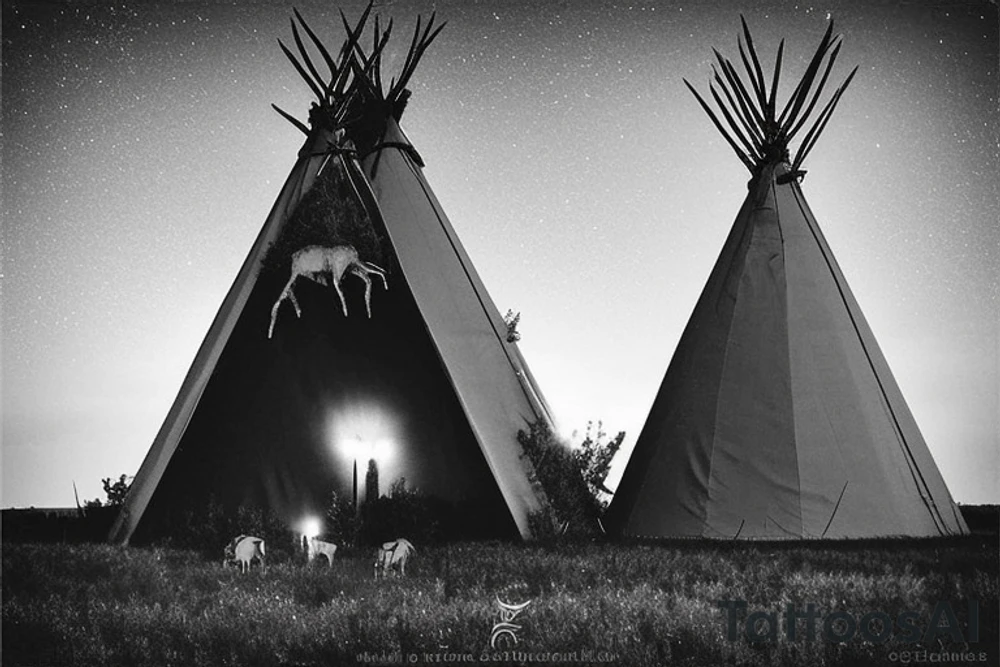 A Tipi as main part. With two horns from a moose growing on Top of it. One horn is broken by half.
On the bottom side there are growing big, strong roots underneath it.
The Entrance of the Tipi is slightly opened, inside it looks like the universe. tattoo idea